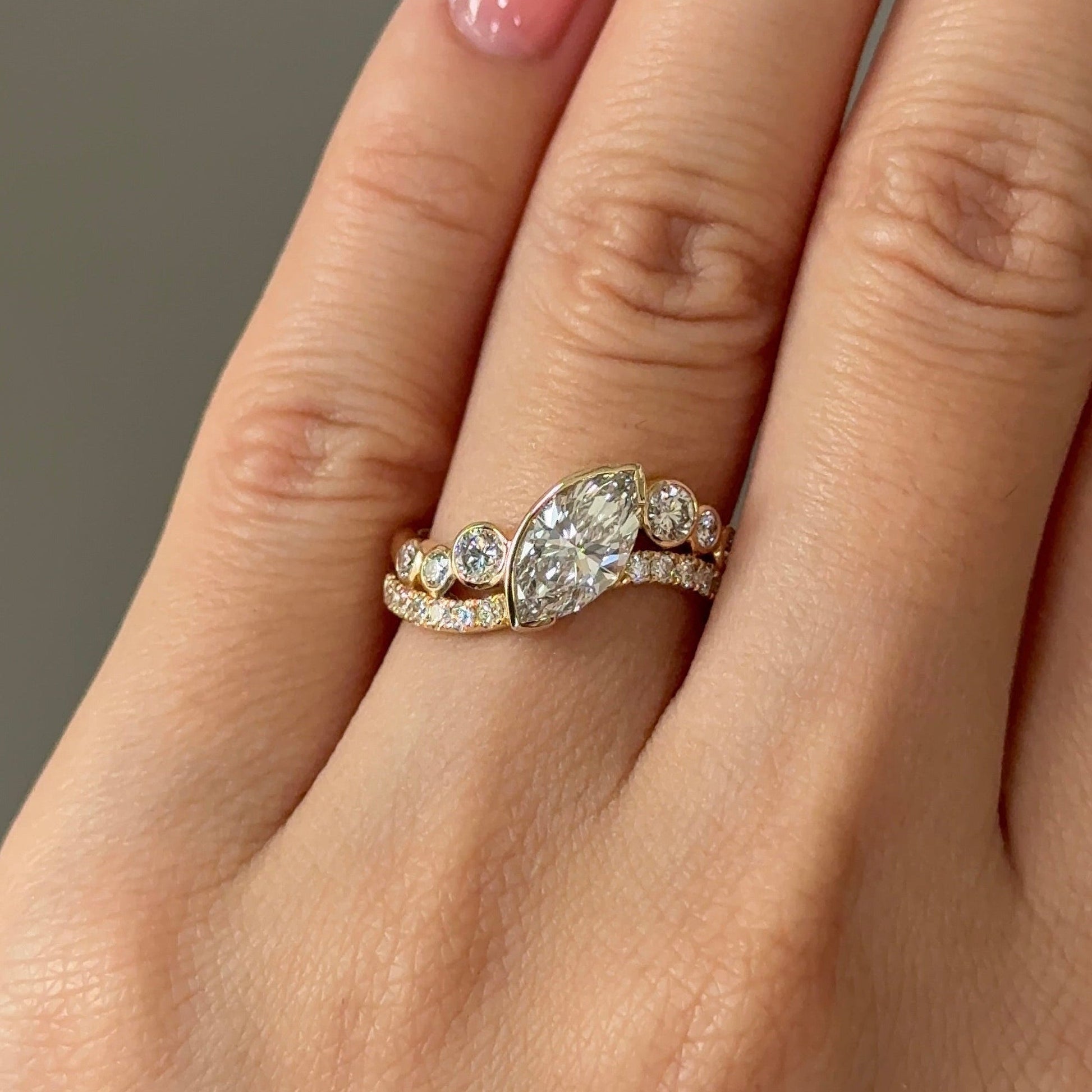 1.09 CT Marquise Curved Pave Moissanite Engagement Ring