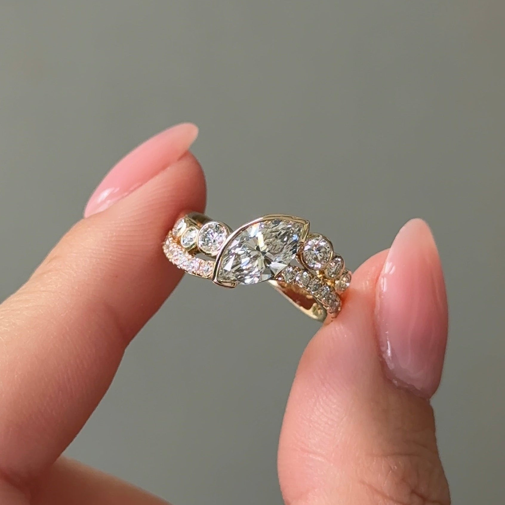 1.09 CT Marquise Curved Pave Moissanite Engagement Ring