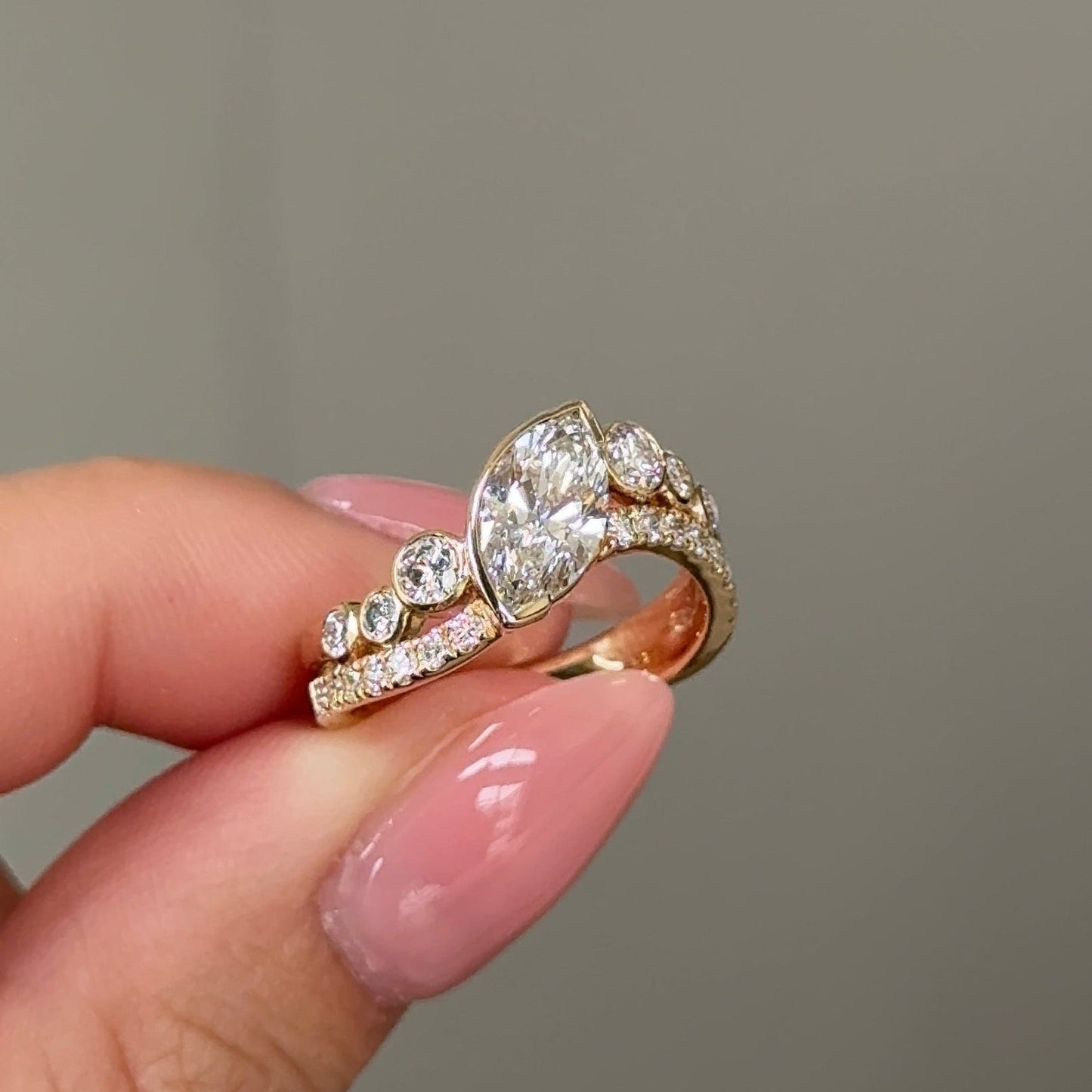 1.09 CT Marquise Curved Pave Moissanite Engagement Ring