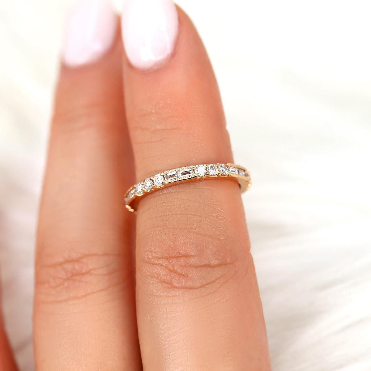 0.67 TCW Baguette & Round Half Eternity Moissanite Wedding Band