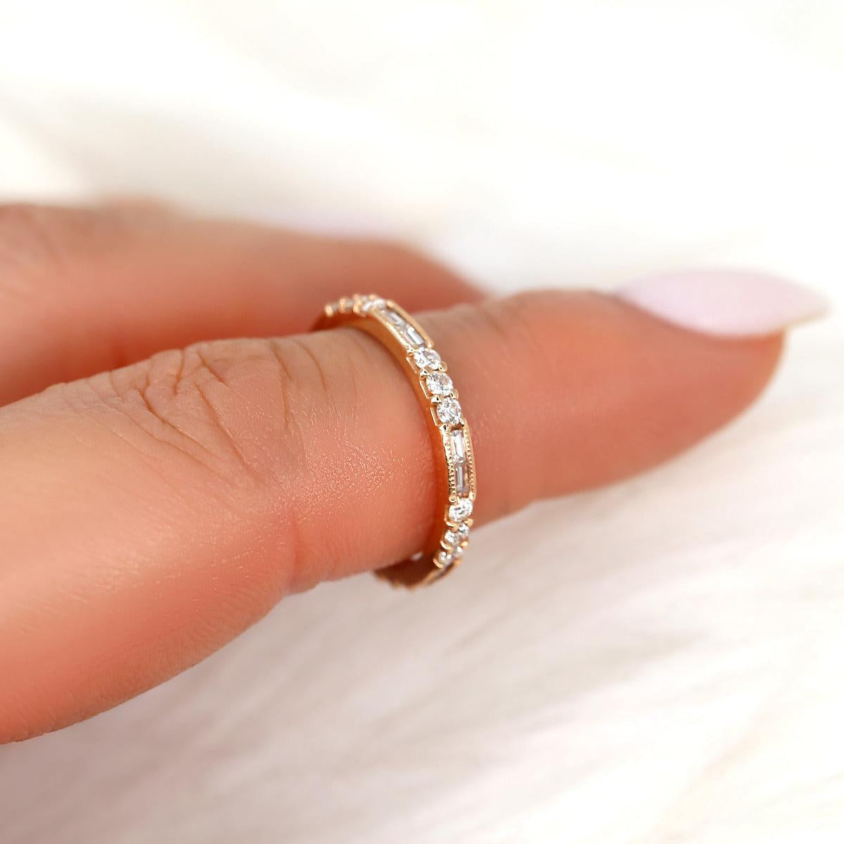 0.67 TCW Baguette & Round Half Eternity Moissanite Wedding Band