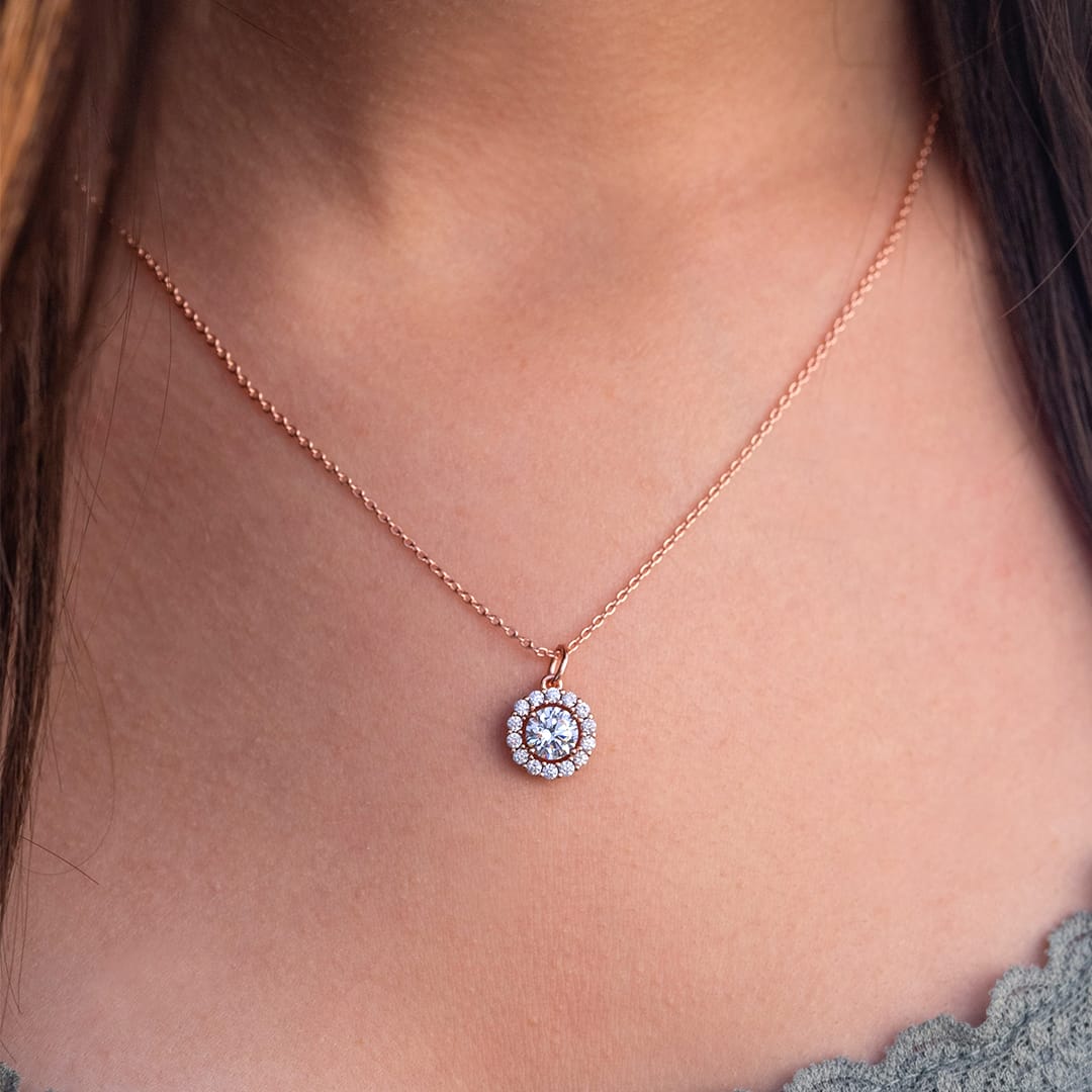 1.25 CT Round Shaped Moissanite Necklace In Halo Design