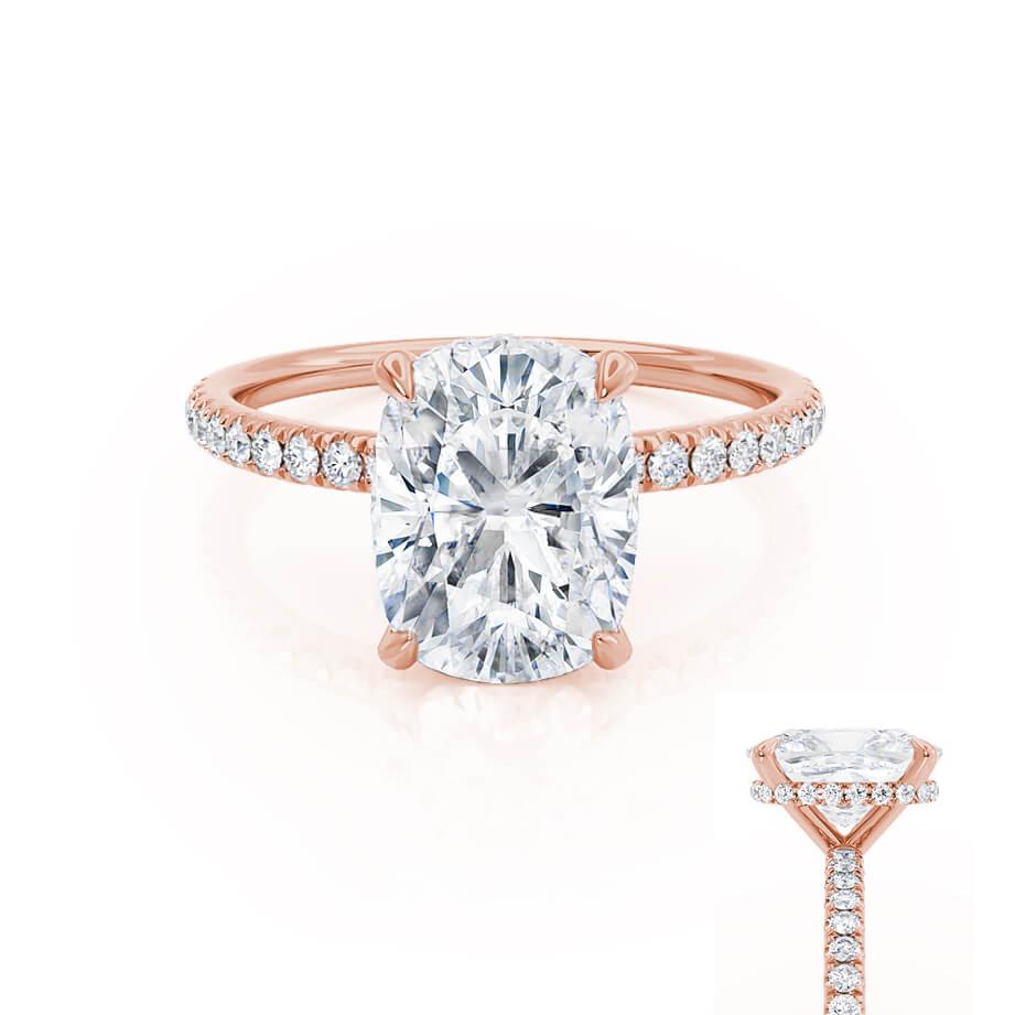 2.3 CT Elongated Cushion Hidden Halo & Pave Moissanite Engagement Ring