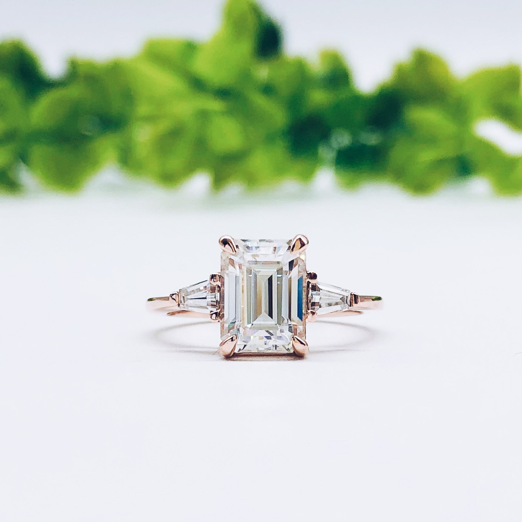 1.9 CT Emerald Three Stone Moissanite Engagement Ring