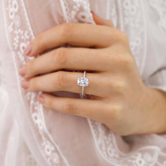 2.3 CT Elongated Cushion Hidden Halo & Pave Moissanite Engagement Ring
