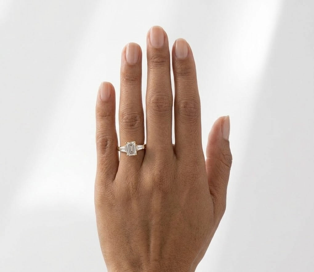 1.5 CT Emerald Bezel Three Stone Lab Grown Diamond Engagement Ring