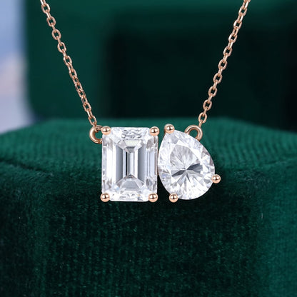 1.7 & 1.2 CT Pear & Emerald Cut Moissanite Two Necklace