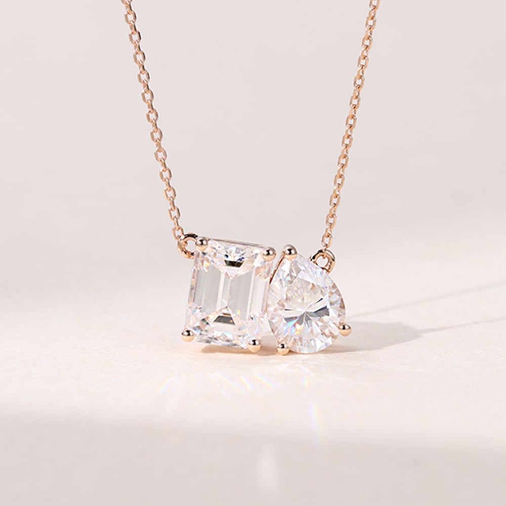 1.7 & 1.2 CT Pear & Emerald Cut Moissanite Two Necklace