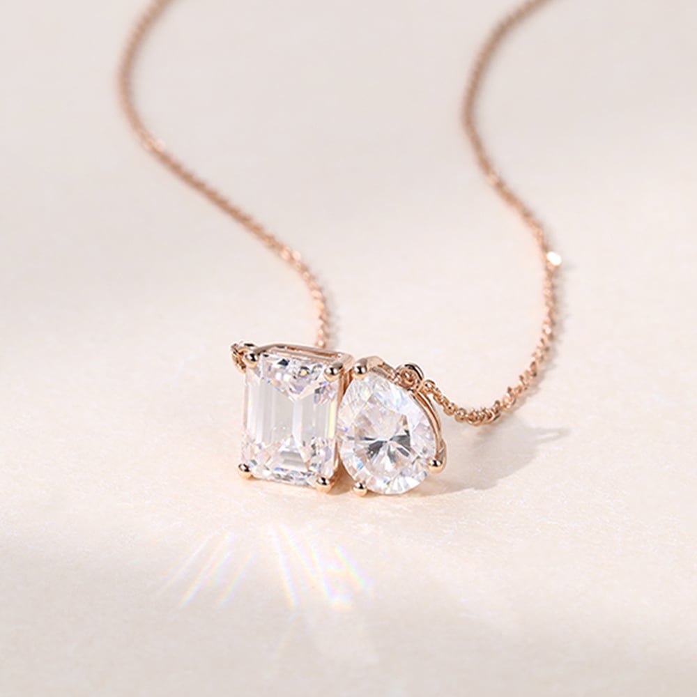 1.7 & 1.2 CT Pear & Emerald Cut Moissanite Two Necklace
