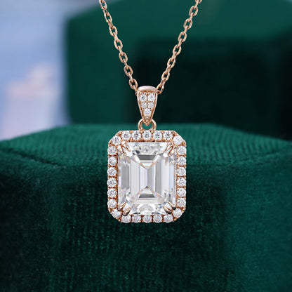 2.27 TCW Emerald Moissanite Halo Pendant Necklace