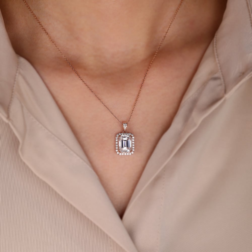 2.27 TCW Emerald Moissanite Halo Pendant Necklace