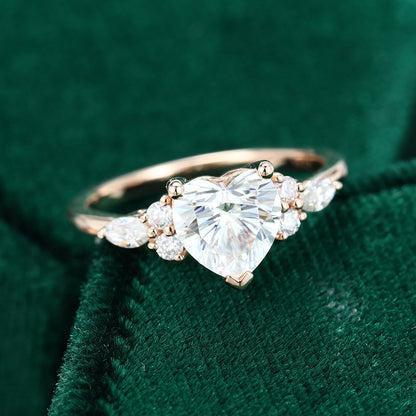 0.86 CT Heart Cluster Moissanite Engagement Ring