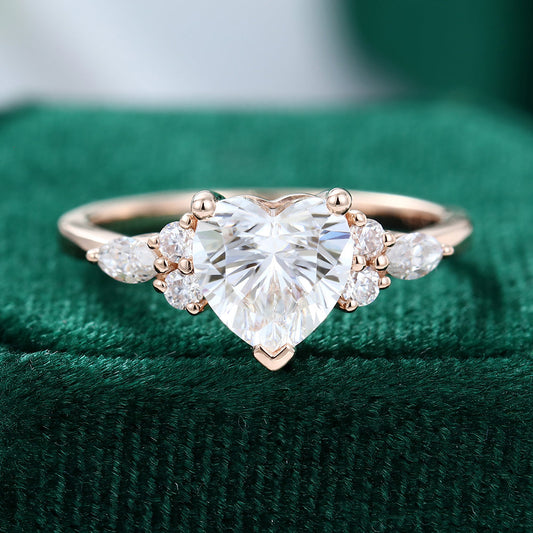 0.86 CT Heart Cluster Moissanite Engagement Ring