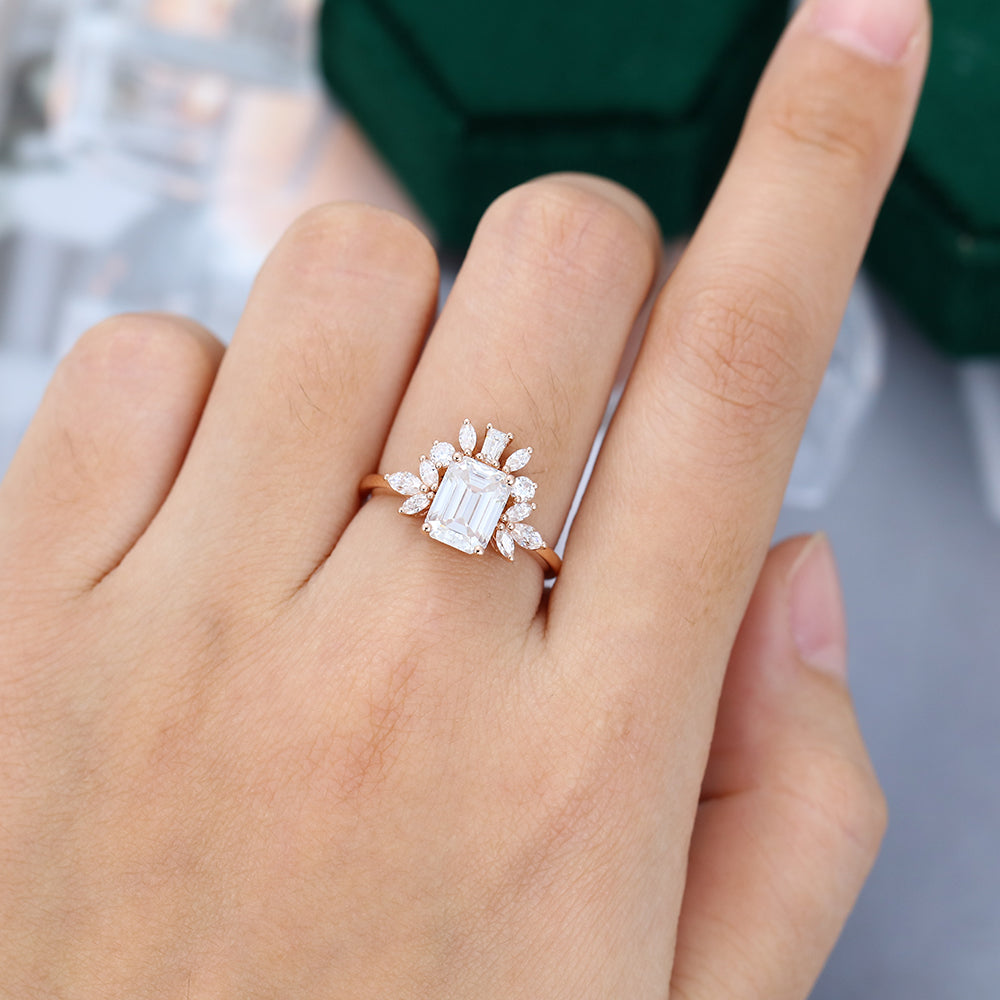 1.60 CT Emerald Cluster Moissanite Engagement Ring