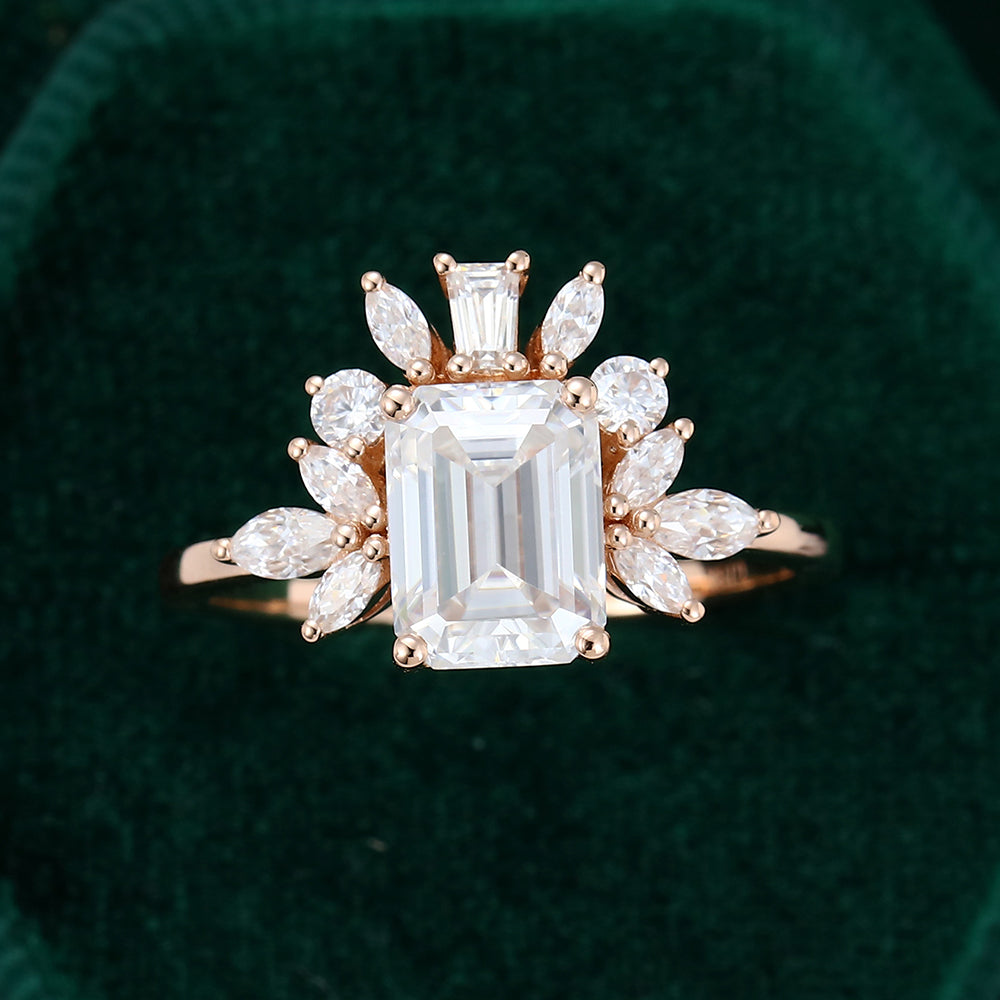 1.60 CT Emerald Cluster Moissanite Engagement Ring