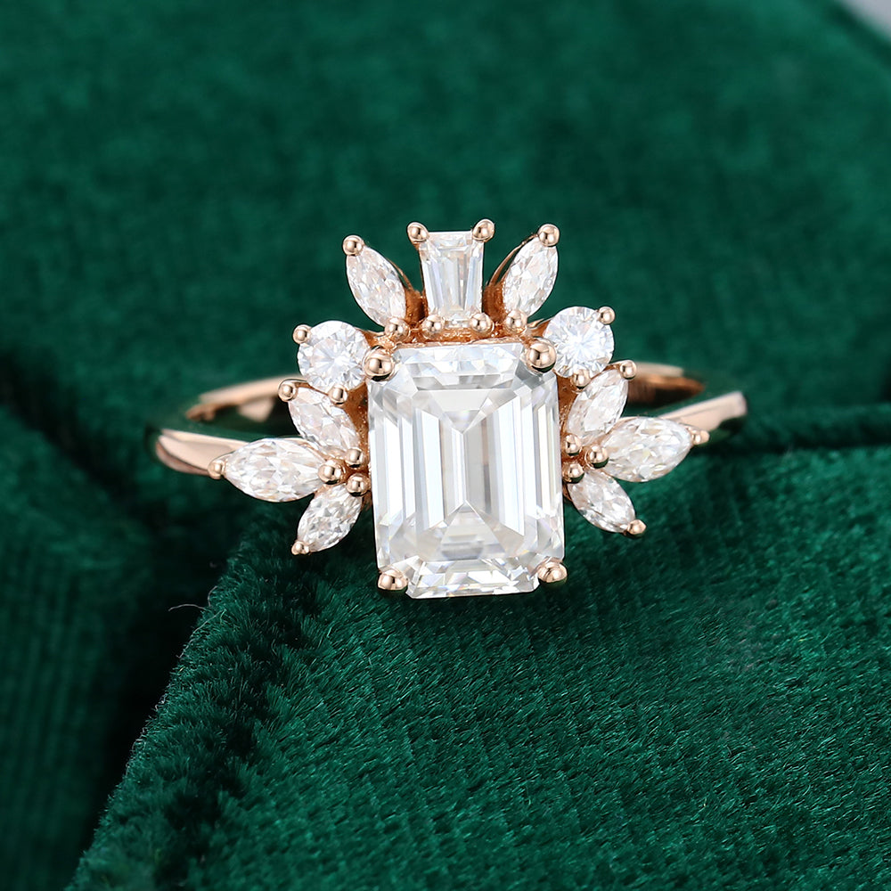 1.60 CT Emerald Cluster Moissanite Engagement Ring