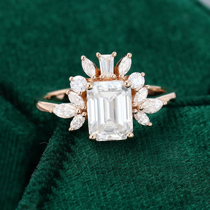 1.60 CT Emerald Cluster Moissanite Engagement Ring