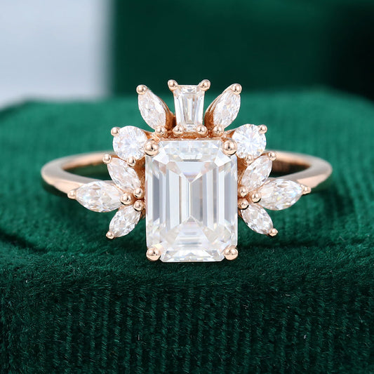 1.60 CT Emerald Cluster Moissanite Engagement Ring
