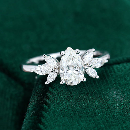 0.85 CT Pear Cluster Moissanite Engagement Ring