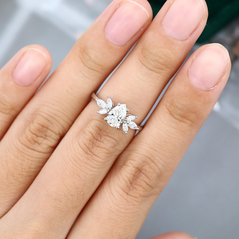 0.85 CT Pear Cluster Moissanite Engagement Ring