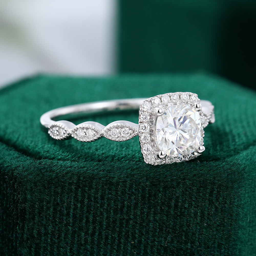 0.96 CT Cushion Halo & Pave Moissanite Engagement Ring