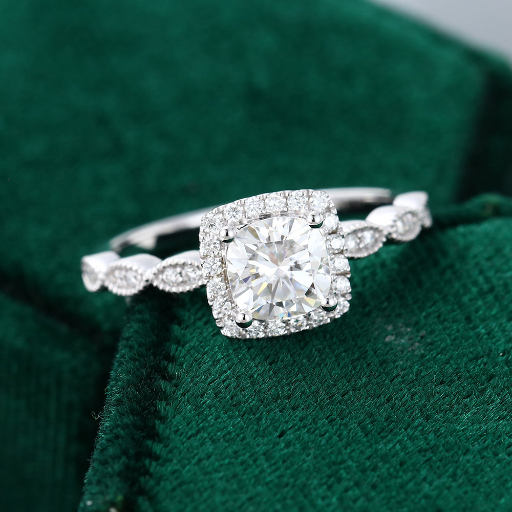 0.96 CT Cushion Halo & Pave Moissanite Engagement Ring
