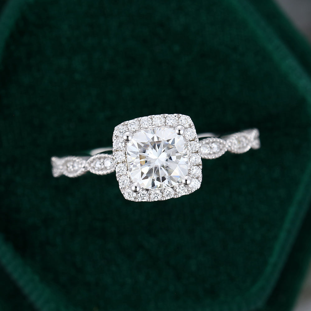 0.96 CT Cushion Halo & Pave Moissanite Engagement Ring