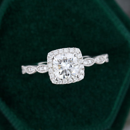 0.96 CT Cushion Halo & Pave Moissanite Engagement Ring