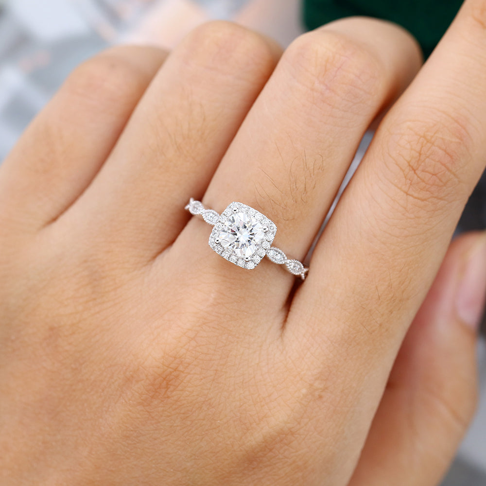 0.96 CT Cushion Halo & Pave Moissanite Engagement Ring