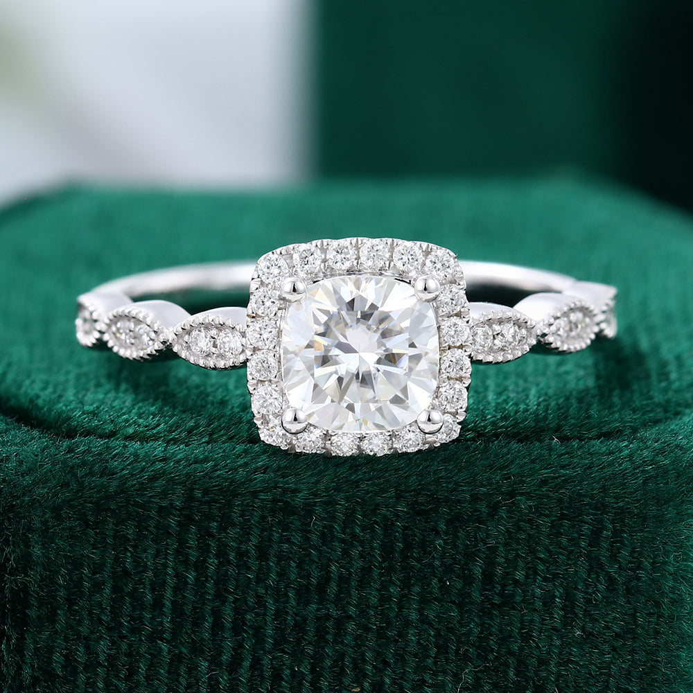 0.96 CT Cushion Halo & Pave Moissanite Engagement Ring