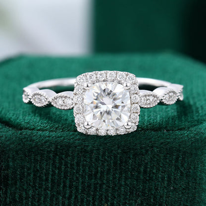 0.96 CT Cushion Halo & Pave Moissanite Engagement Ring