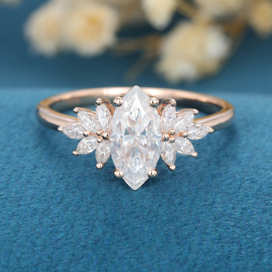 0.9 CT Marquise Cluster Moissanite Engagement Ring
