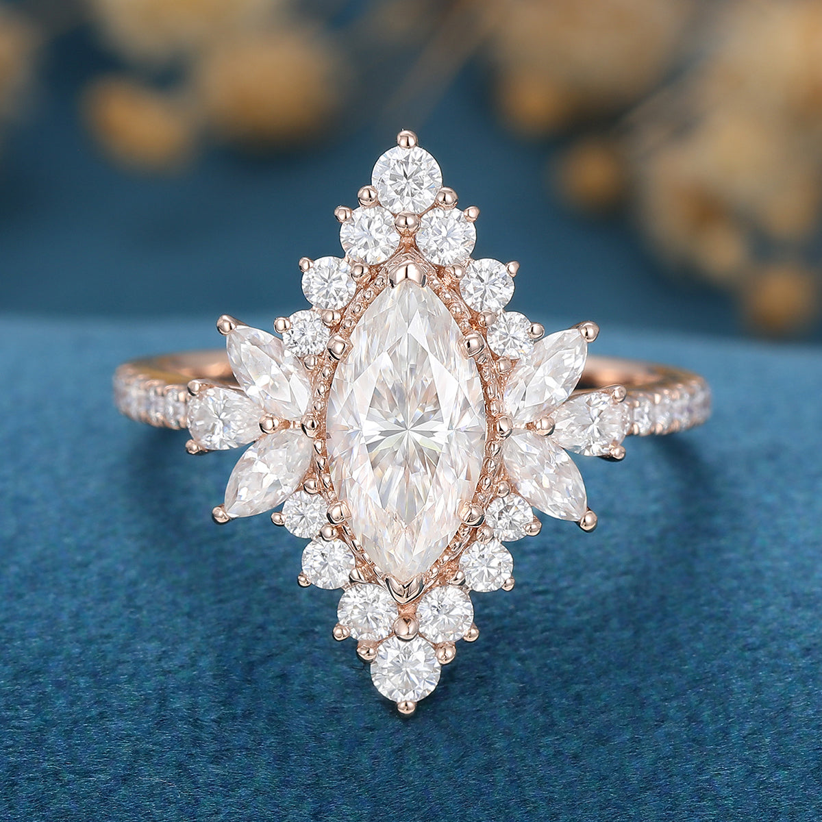 0.9 CT Marquise Cluster Moissanite Engagement Ring