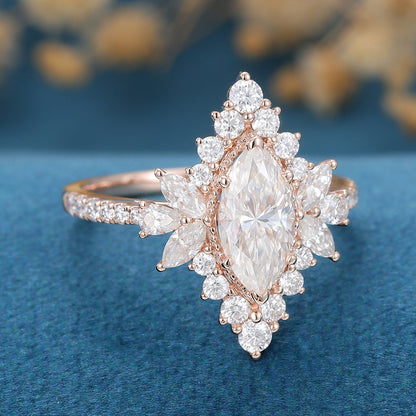 0.9 CT Marquise Cluster Moissanite Engagement Ring