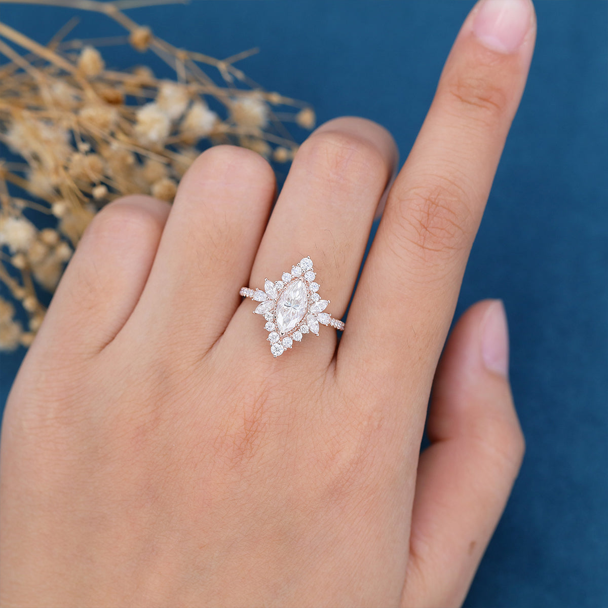 0.9 CT Marquise Cluster Moissanite Engagement Ring