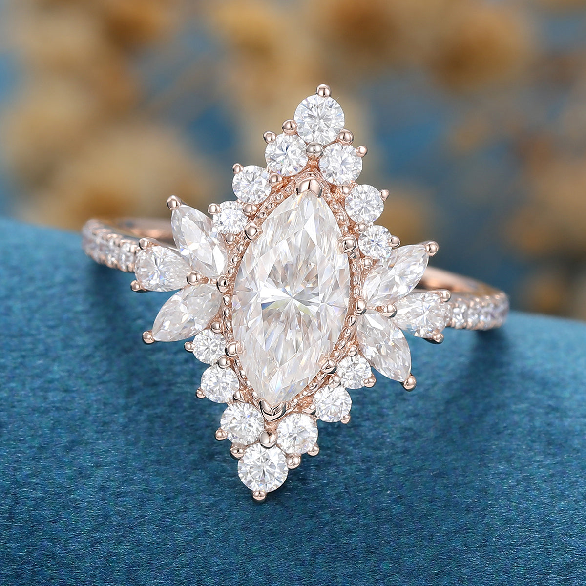 0.9 CT Marquise Cluster Moissanite Engagement Ring