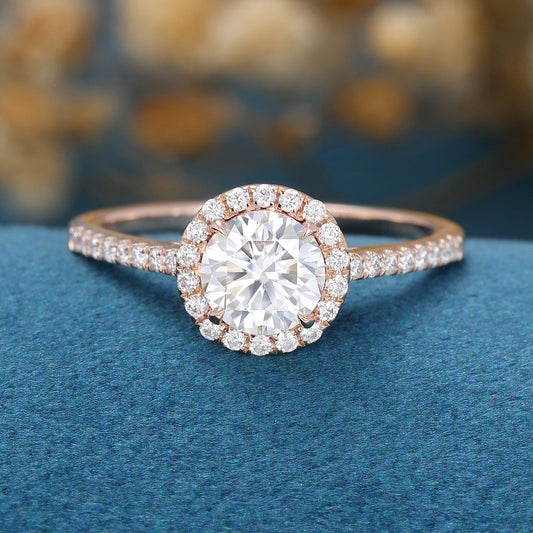 0.68 CT Round Halo & Pave Moissanite Engagement Ring