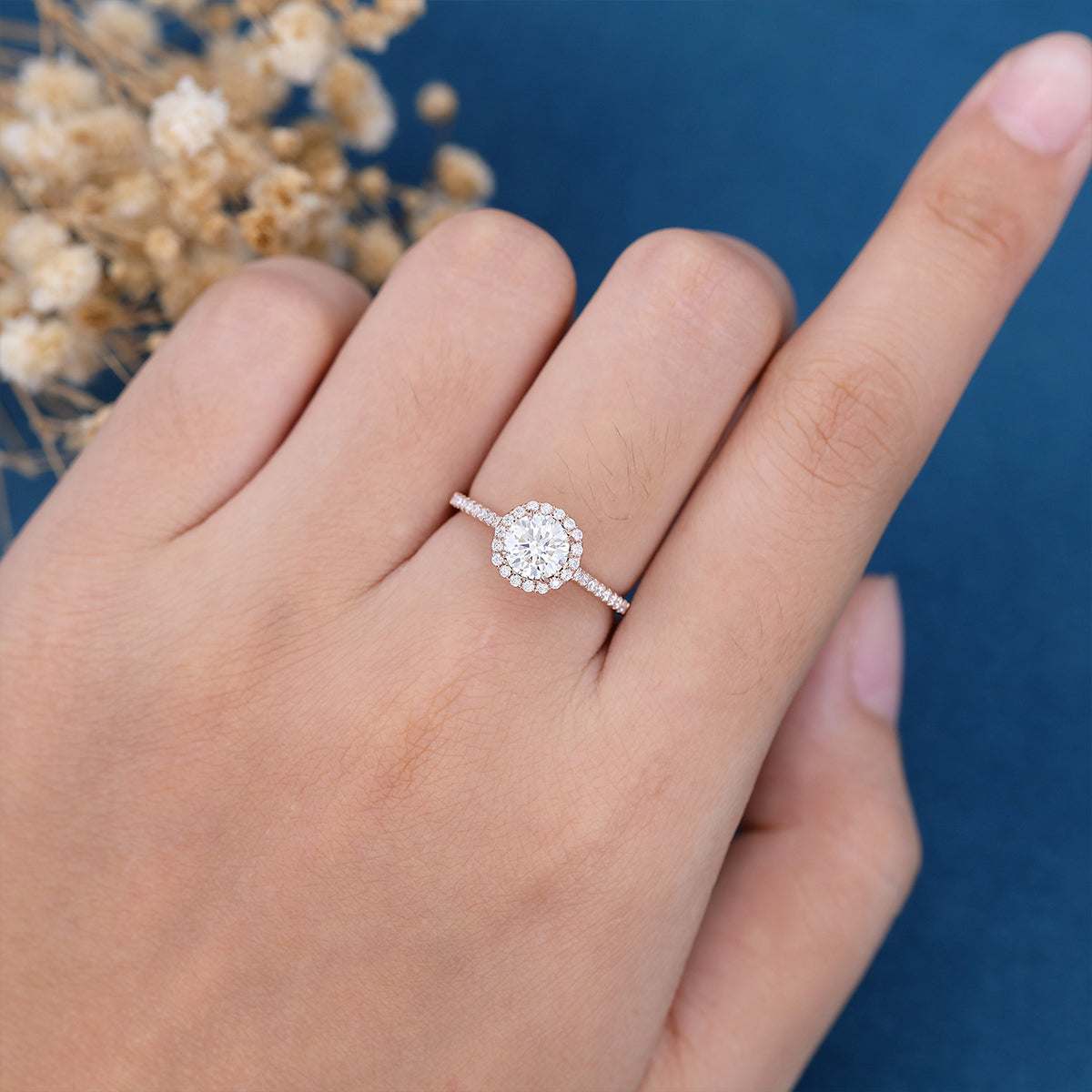 0.68 CT Round Halo & Pave Moissanite Engagement Ring