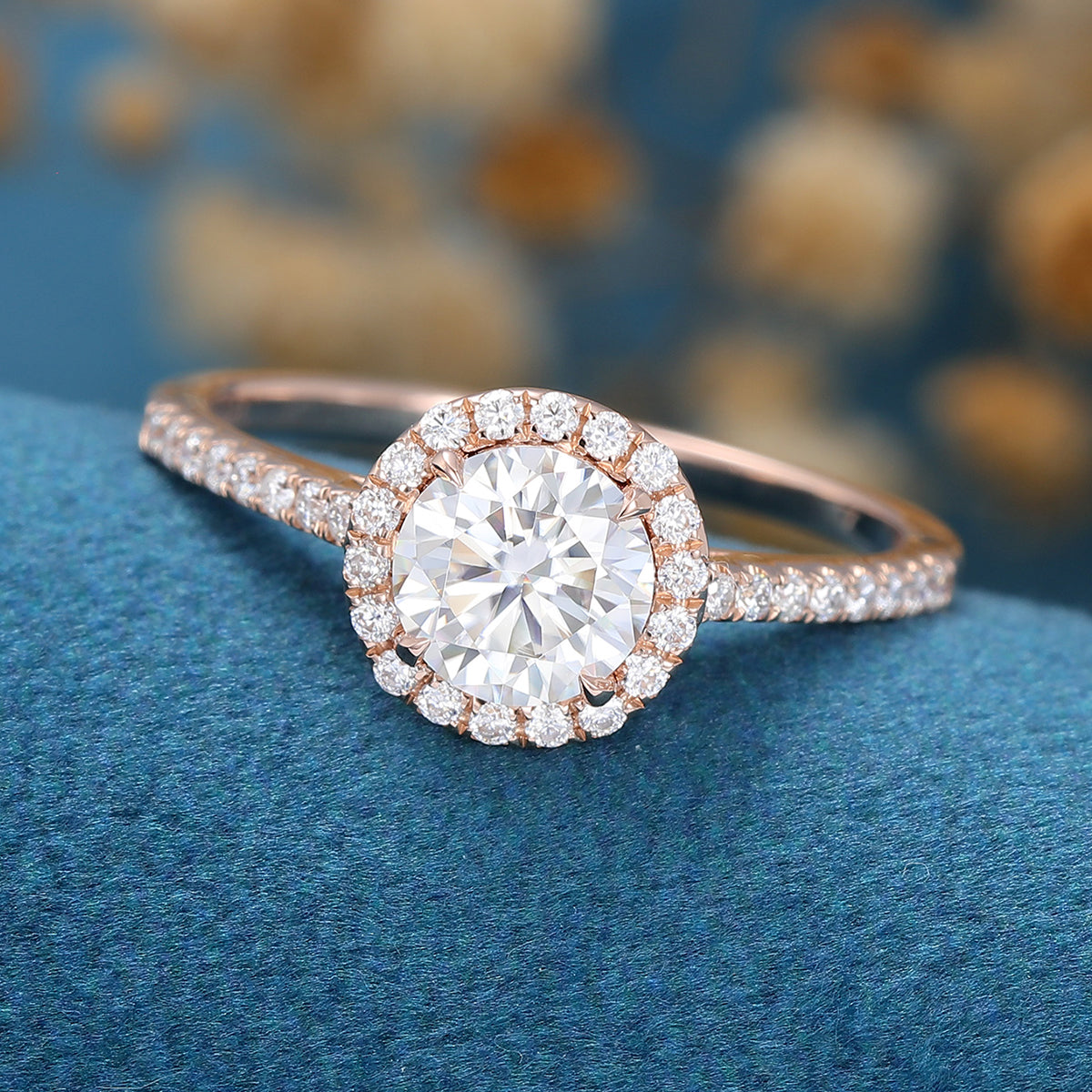 0.68 CT Round Halo & Pave Moissanite Engagement Ring
