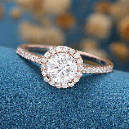 0.68 CT Round Halo & Pave Moissanite Engagement Ring