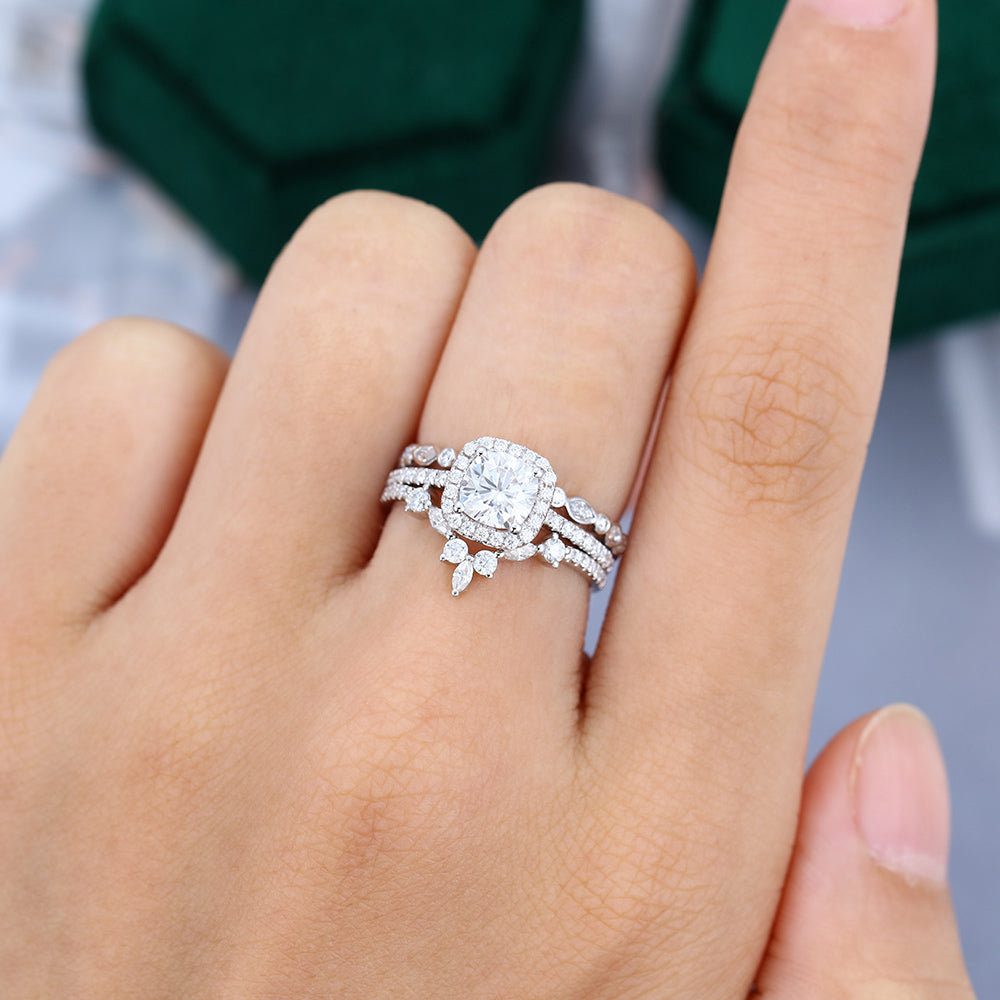 0.96 CT Cushion Halo & Pave Moissanite Bridal Set