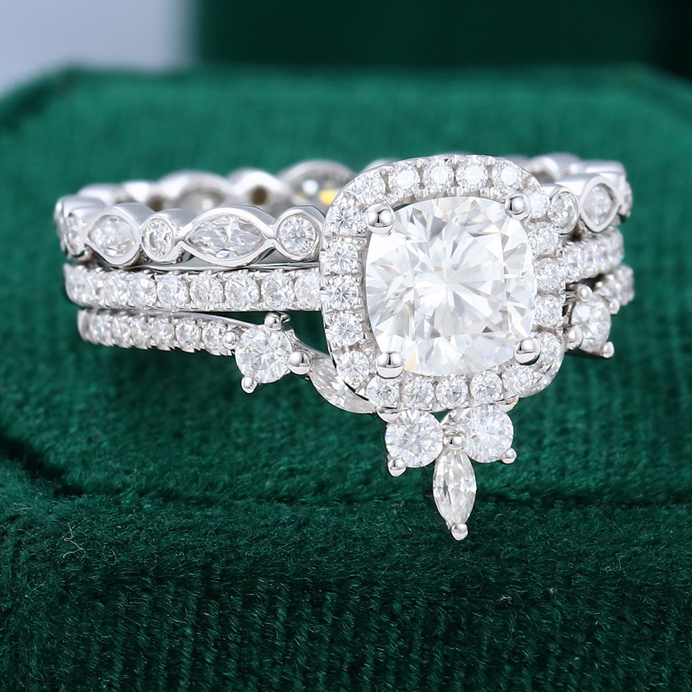 0.96 CT Cushion Halo & Pave Moissanite Bridal Set