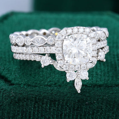 0.96 CT Cushion Halo & Pave Moissanite Bridal Set