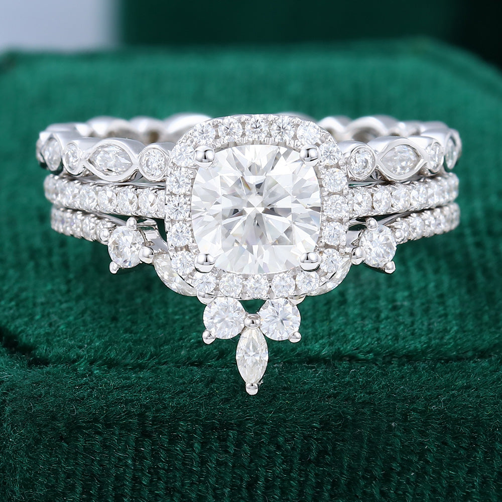 0.96 CT Cushion Halo & Pave Moissanite Bridal Set