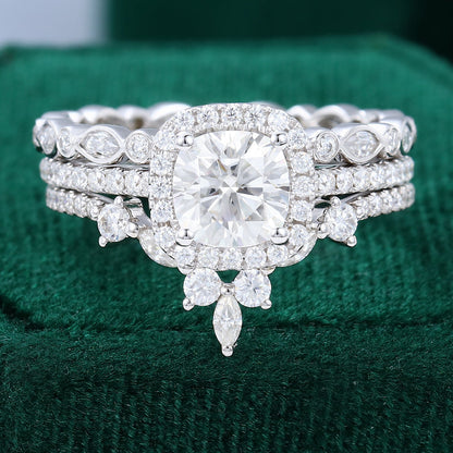 0.96 CT Cushion Halo & Pave Moissanite Bridal Set