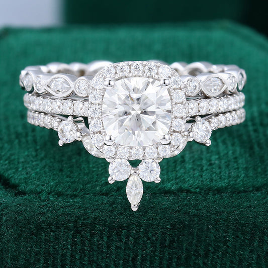0.96 CT Cushion Halo & Pave Moissanite Bridal Set