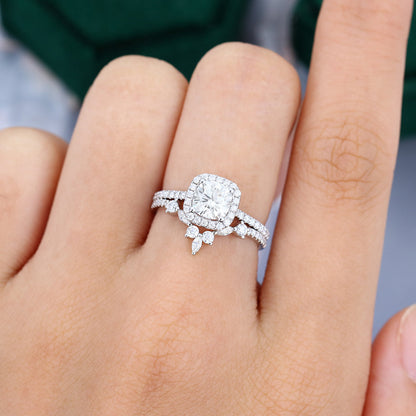 0.96 CT Cushion Halo & Pave Moissanite Bridal Set