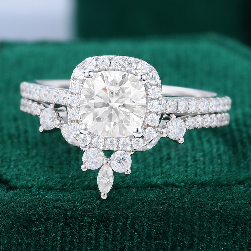 0.96 CT Cushion Halo & Pave Moissanite Bridal Set