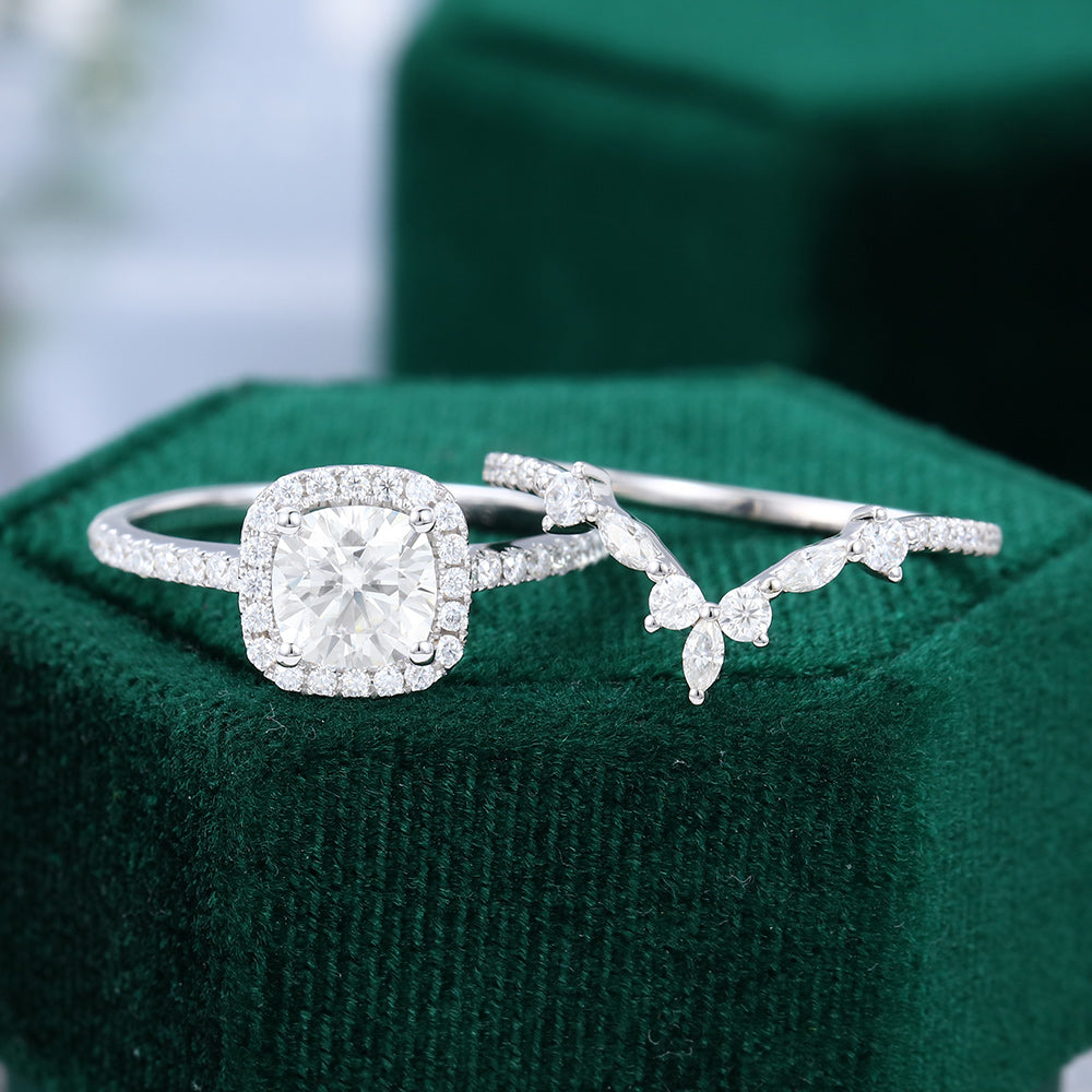 0.96 CT Cushion Halo & Pave Moissanite Bridal Set