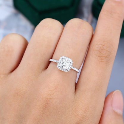 0.96 CT Cushion Pave & Halo Moissanite Engagement Ring